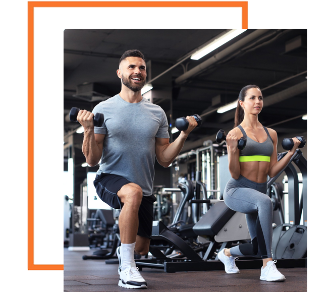 Youth fitness training: man and woman lifting dumbbells in a gym setting.
