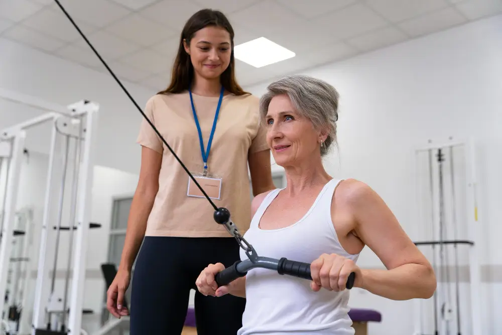 Personal trainer assisting client with cable row exercise for strength and mobility in Byfleet gym.
