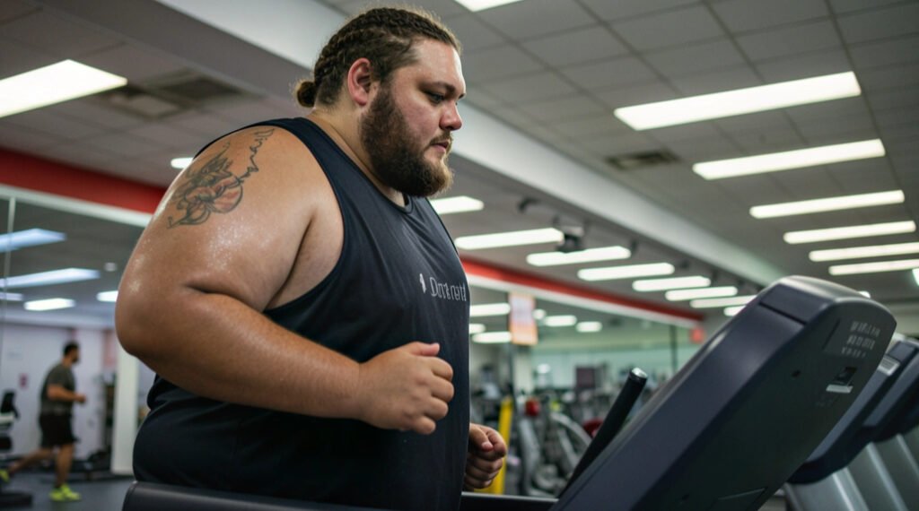 Plus-size man with arm tattoos running on a treadmill inside a gym.