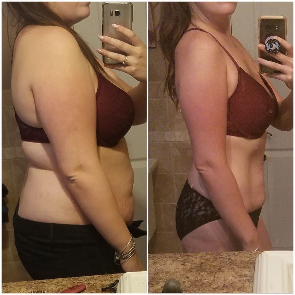 Side-by-side before and after mirror selfie photos showing the side-profile body transformation of a woman in a maroon top.