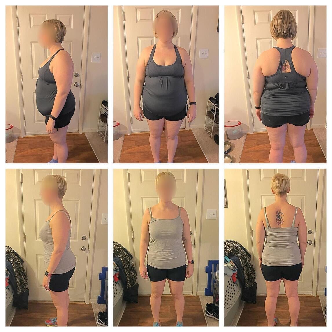Six-panel before and after fitness transformation collage showing side, front, and back body progress photos of a female client.