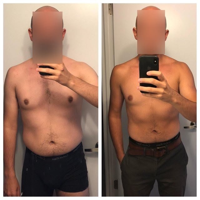 Side-by-side before and after mirror selfie photos showing a man's body transformation and weight loss progress.