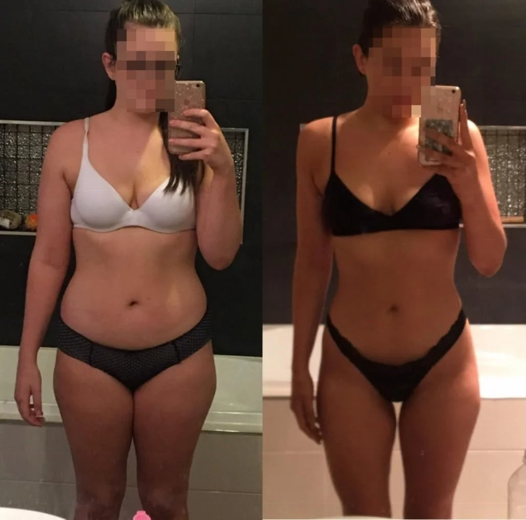 Side-by-side fitness transformation photos showing a woman's body before and after weight loss.