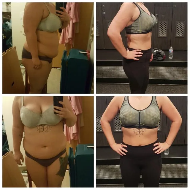 Side-by-side mirror selfies showing a woman's fitness transformation.