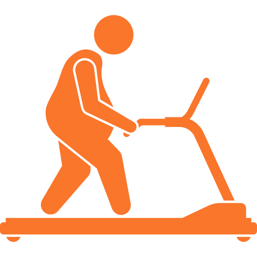 Orange vector icon of a person running on a treadmill on a transparent background.
