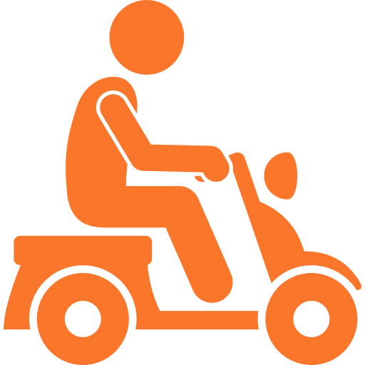 Orange vector icon of a person riding a motor scooter on a transparent background.