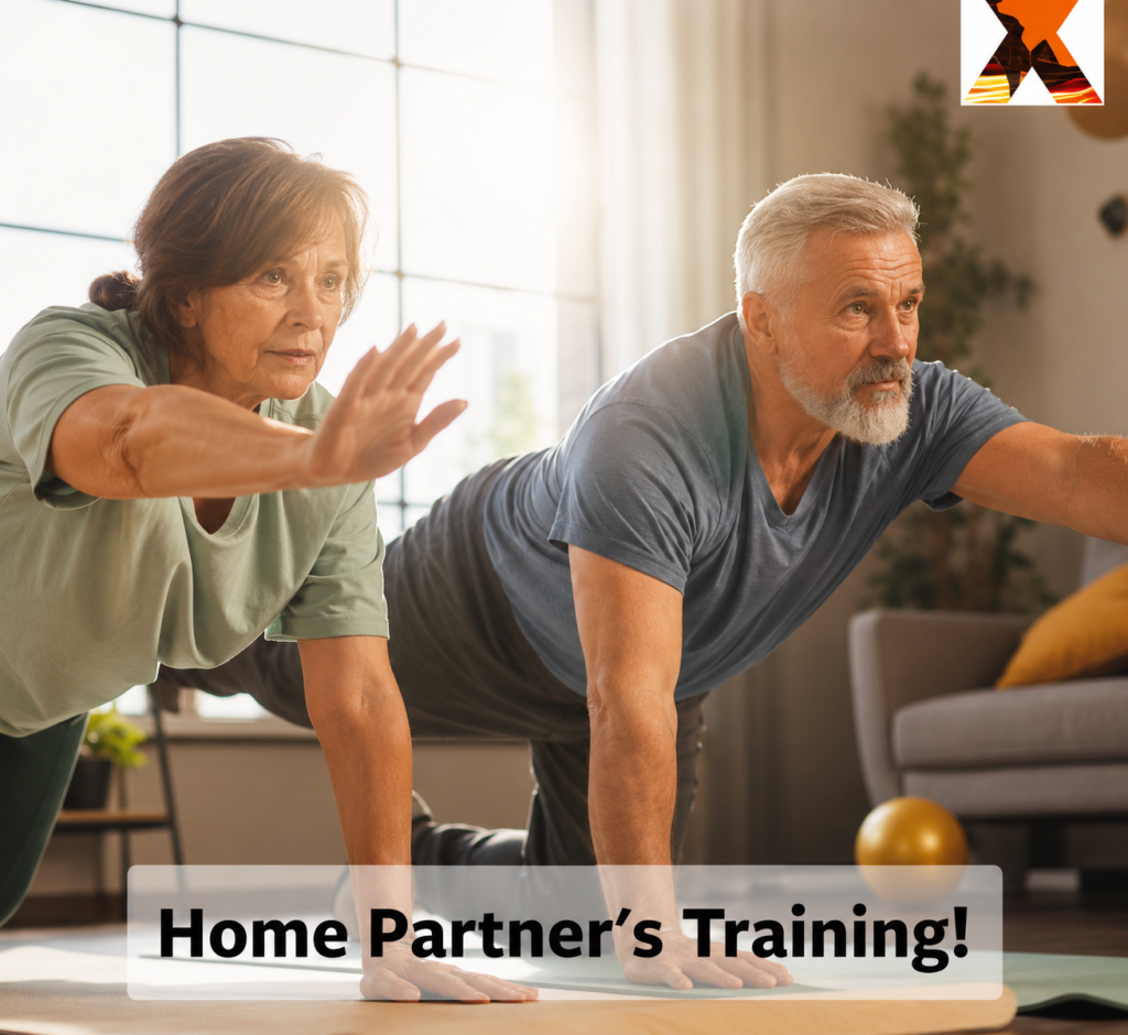 Mature couple on hands and knees performing bird-dog core exercises together on yoga mats at home, with text overlay reading "Home Partner's Training!".