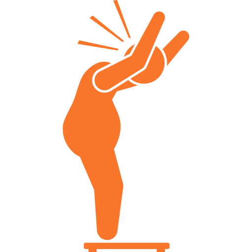 Orange vector icon of a person standing on a weight scale throwing their hands up in frustration.