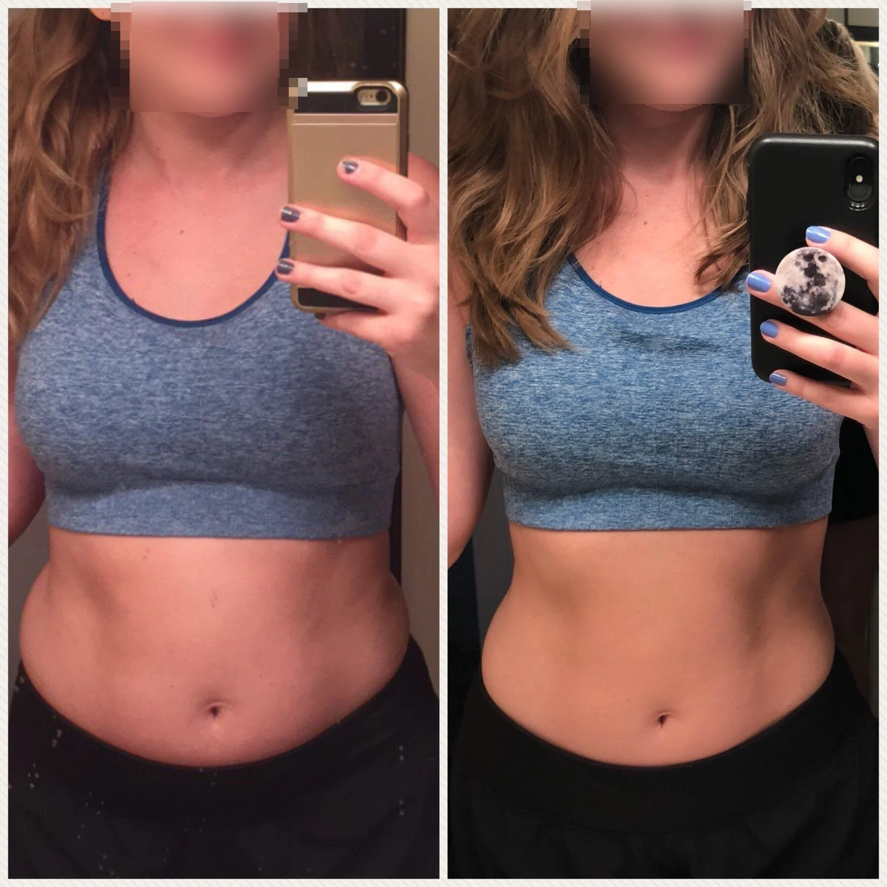 Side-by-side photo comparison of a woman's weight loss and body transformation results.